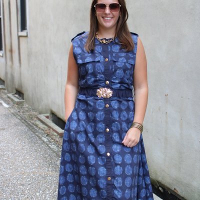 Textured Polka Dot Print Button Down Belted Midi Dress
