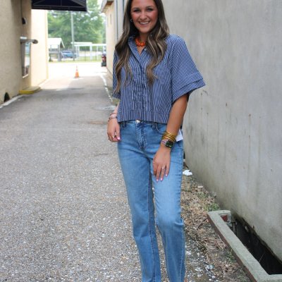 Blue Stripe Button Front Top