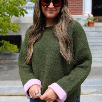Olive Sweater with Pink