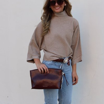 Taupe Mock Neck Ribbed Sweater