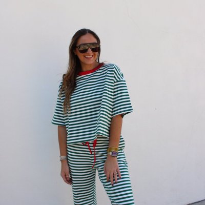 Wide Leg Striped Lounge Pants & Top Green Stripe