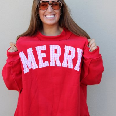 Merry Embroidered Mock Neck Red Pink Check