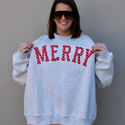 Merry Embroidered Mock Neck with Red Polka Dot