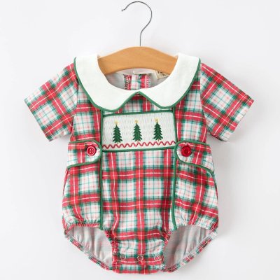 Christmas Tree Plaid Boys Romper Peter Pan Collar Smocked