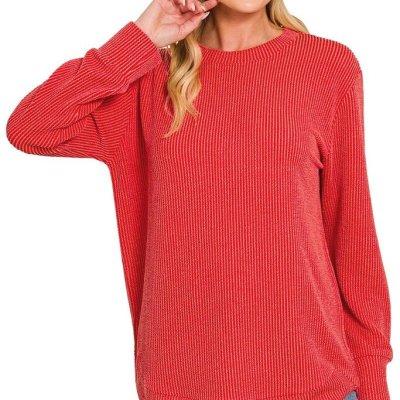 Ribbed Long Sleep Top RED