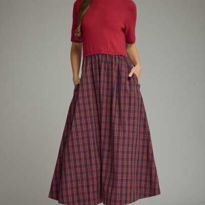 Plaid Mix Media Mock Neck Middi
