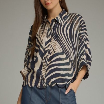 Zebra Poncho Sleeve Button Down Top