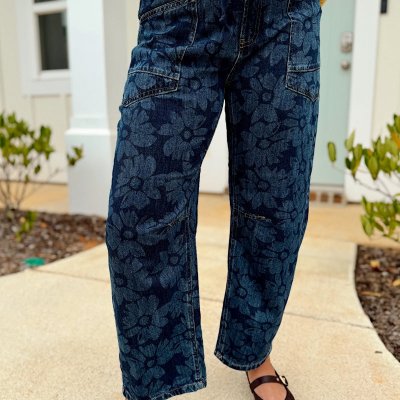 Risen Dark Slouchy Crop Barrel Floral Print Jean