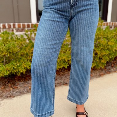 Risen Medium TC High Rise Crop Straight Pin Stripe Jean