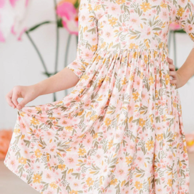 Pretty Peachy 3/4 Sleeve Pocket Twirl Dress
