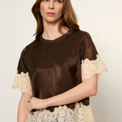 One of a Kind Satin Lace Top-Espresso