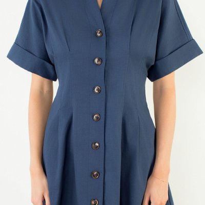 Navy Button Cinch Waist Dress