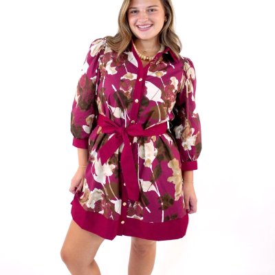 Burgundy Floral Print Belted Mini Dress