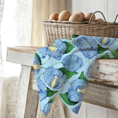 Himalayan Poppies on Blue Organic Linen Tea Towel