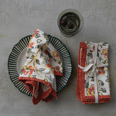 Cotton & Linen Floral Napkins with Ruffle Trim