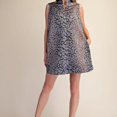 Stand Collar Animal Jacquard Mini Dress in Blue