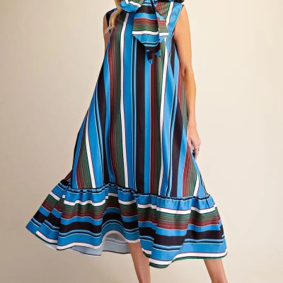 Jet Set Stripe Midi Dress in Blue/Olive