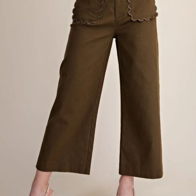 Colette Cropped Scallop Pocket Detail Wide-Leg Pants in Olive