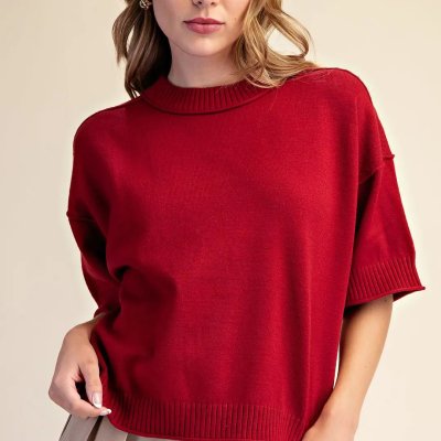 Relaxed Crew Neck Sweater in Burgundy