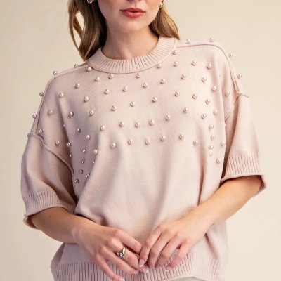 Crew Neck with Pearls Sweater in Beige