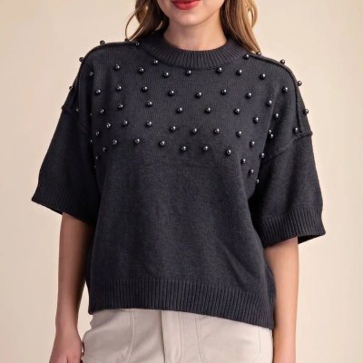 Crew Neck with Pearls Sweater in Charcoal