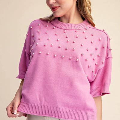 Crew Neck with Pearls Sweater in Pink