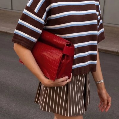 Crew Neck Stripe Sweater in Brown