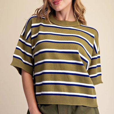 Crew Neck Stripe Sweater in Olive