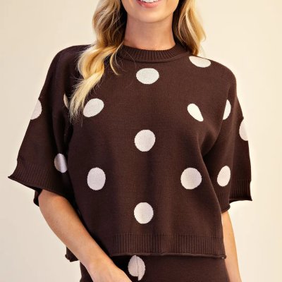 Short Sleeve Polka Dot Sweater in Brown