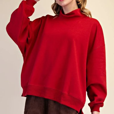 Mock Neck Oversized Pullover Sweatshirt in Crimson