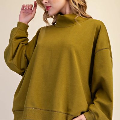 Mock Neck Oversized Pullover Sweatshirt in Olive