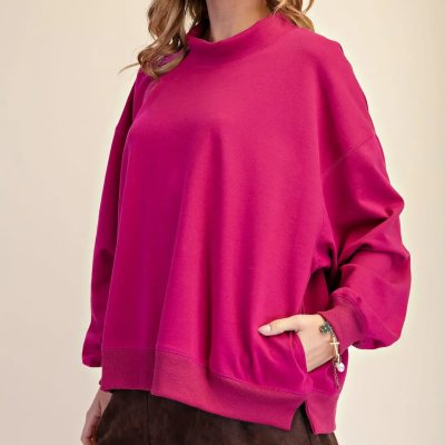 Mock Neck Oversized Pullover Sweatshirt in Plum