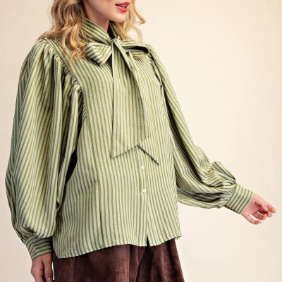 Tie Neck Button Down Shirt in Light Olive