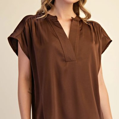 V-Neck Drop Shoulder Detail Top in Brown