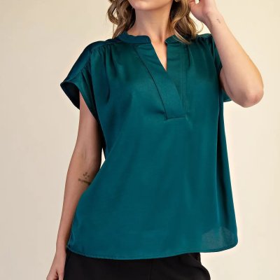 V-Neck Drop Shoulder Detail Top in Hunter Green