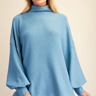 Mock Neck Balloon Sleeve Knit Top in Blue
