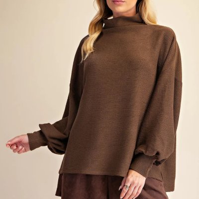 Mock Neck Balloon Sleeve Knit Top in Brown