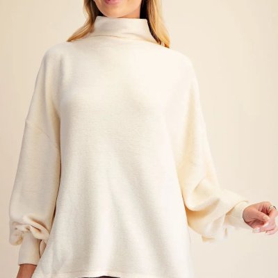 Mock Neck Balloon Sleeve Knit Top in Cream