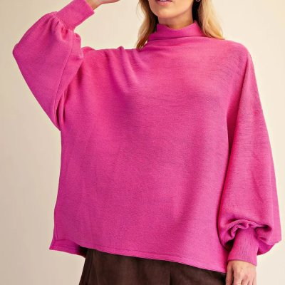 Mock Neck Balloon Sleeve Knit Top in Hot Pink