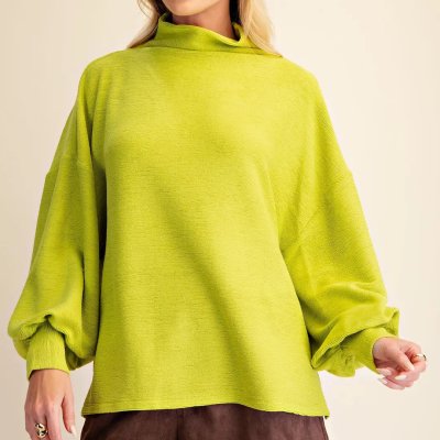 Mock Neck Balloon Sleeve Knit Top in Lime Green