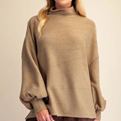 Mock Neck Balloon Sleeve Knit Top in Taupe