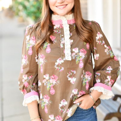 Floral Blouse with Ruffle Detail in Olive