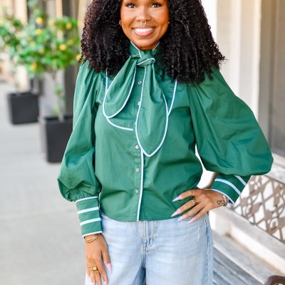 The Prim & Proper Bow Blouse in Hunter Green