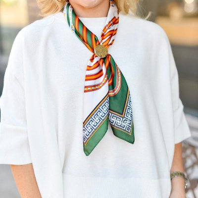 Printed Scarf Round Ring Necklace-Olive/Ivory
