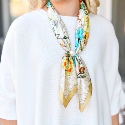 Pearl Accent Floral Scarf Necklace-Beige/Teal