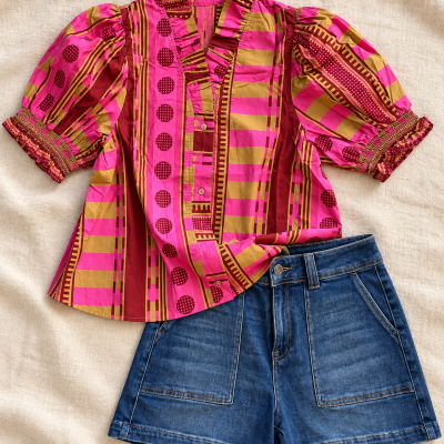 Geometric Print Ruffle Blouse in Plum