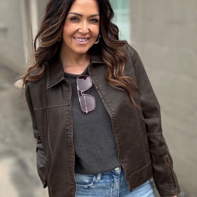 Devin Brown Distressed Vegan Leather Jacket