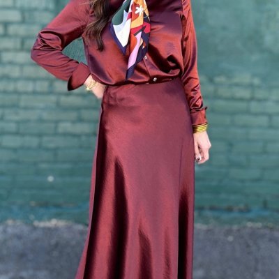 Serving Shine Burgundy Satin Skirt