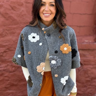 Shana Apparel Grey Floral Button Jacket