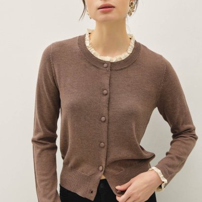 Ruffle Neck Cardigan - Brown